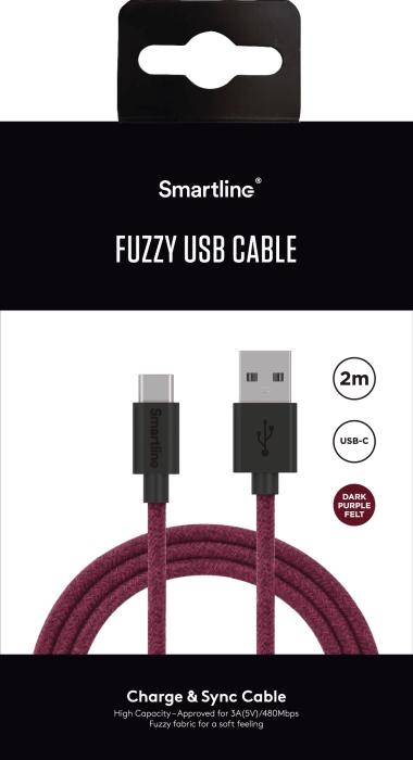 Bild 7, Smartline 2m 3A USB-C Fuzzy Laddningskabel Lila