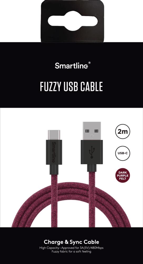 Smartline 2m 3A USB-C Fuzzy Laddningskabel Lila