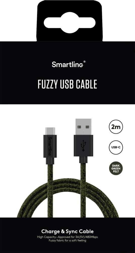 Smartline 2m 3A USB-C Fuzzy Laddningskabel Grön