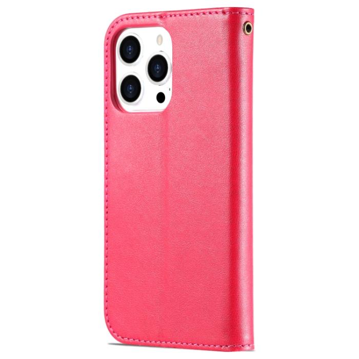 Bild 3, AZNS iPhone 14 Pro Fodral Läder Röd/Rosa