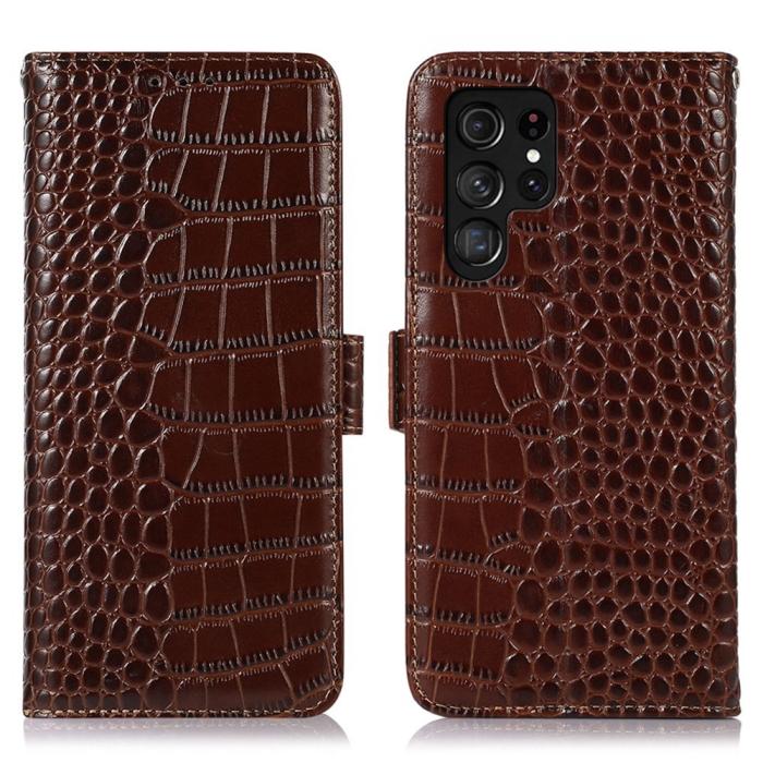 Bild 1, Galaxy S23 Ultra Fodral RFID Äkta Läder Krokodil Textur Brun