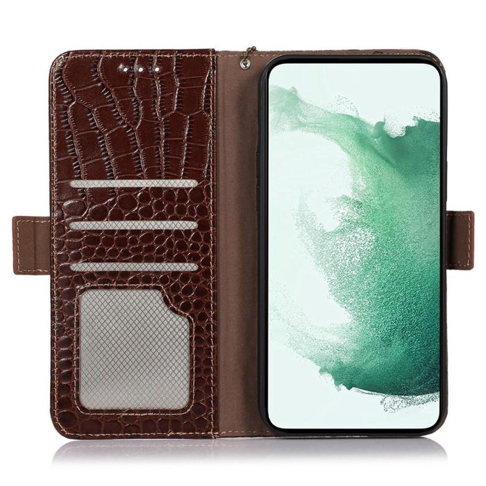 Bild 2, Galaxy S23 Ultra Fodral RFID Äkta Läder Krokodil Textur Brun