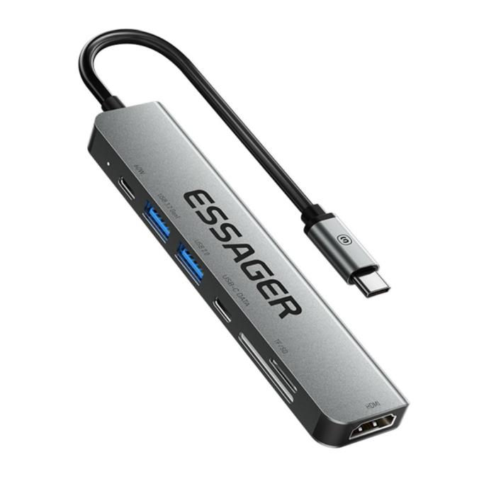 Bild 1, ESSAGER USB-C Hub 60W PD 7-Port Grå