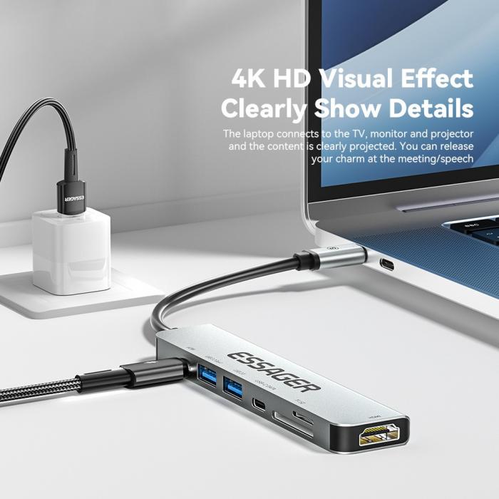 Bild 3, ESSAGER USB-C Hub 60W PD 7-Port Grå