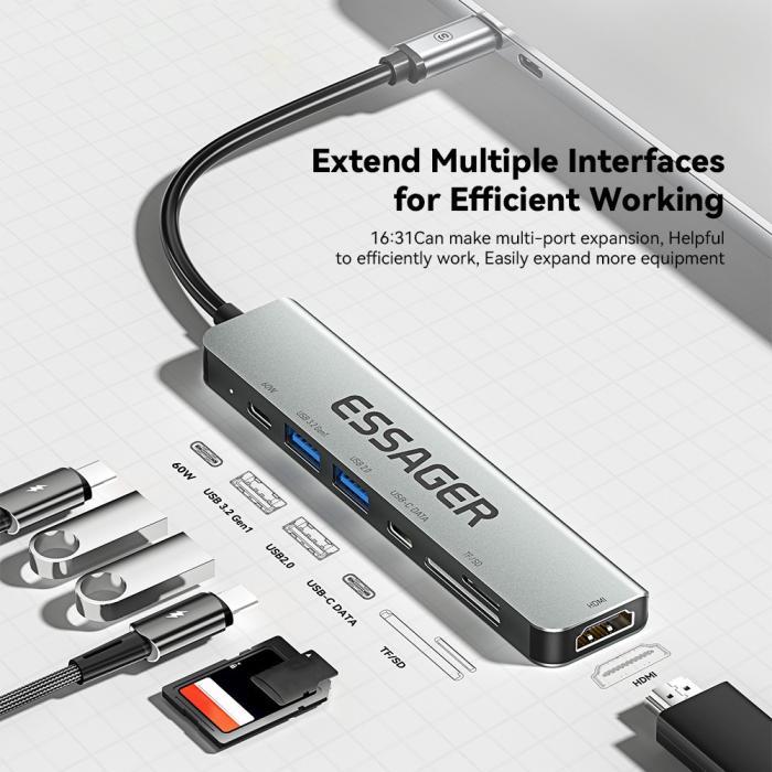 Bild 4, ESSAGER USB-C Hub 60W PD 7-Port Grå