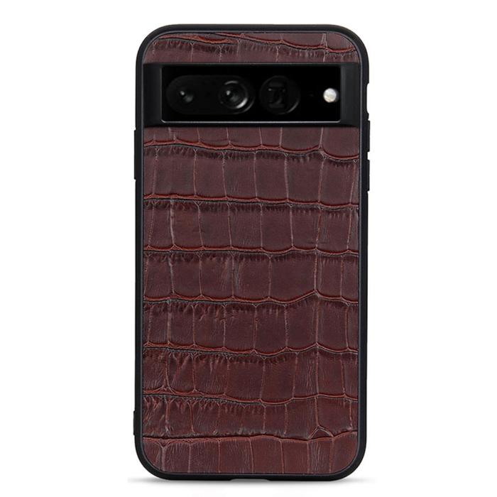 Bild 1, Google Pixel 7 Pro Skal Äkta Läder Krokodil Textur Brun