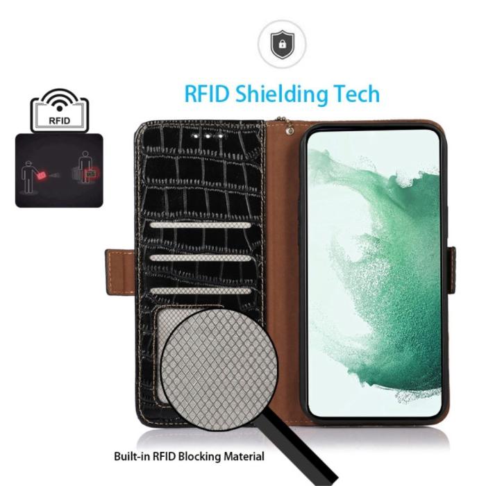 Bild 4, Samsung Galaxy S23 Fodral Äkta Läder Krokodil Textur Svart