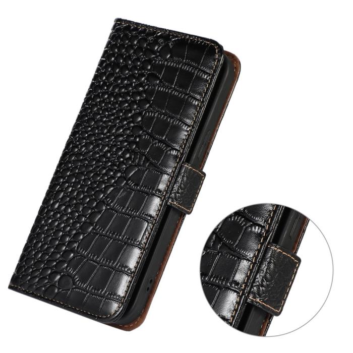 Bild 5, Samsung Galaxy S23 Fodral Äkta Läder Krokodil Textur Svart