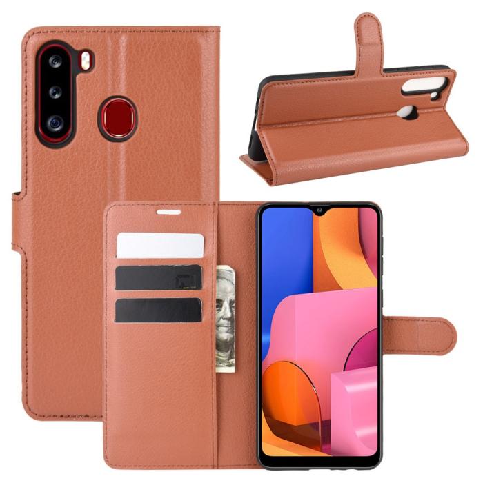 Bild 1, Samsung Galaxy A21 - Litchi Läder Fodral - Brun
