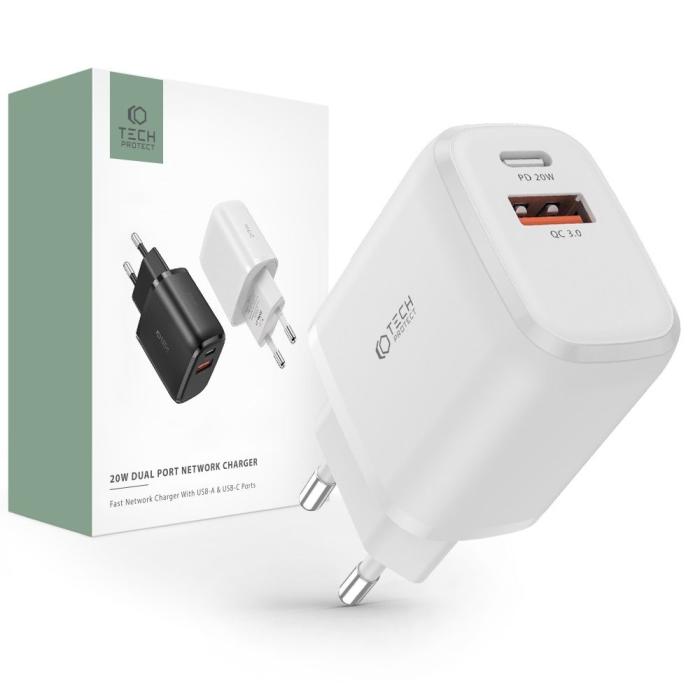 Bild 1, Tech-Protect 20W Väggladdare PD QC USB-C / USB-A Vit