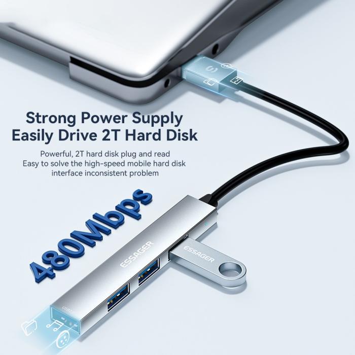 Bild 3, ESSAGER USB-C Hub 4x USB-A 2.0 Portar Aluminium Silver