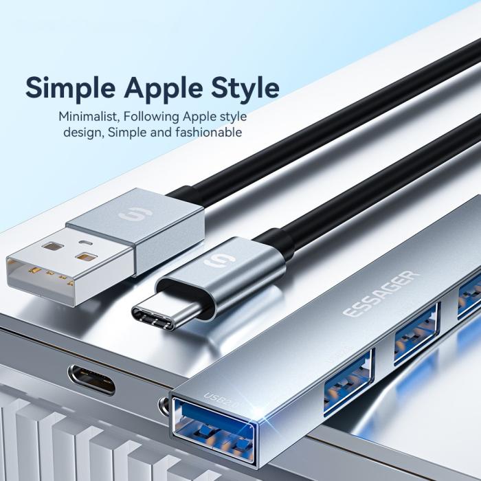 Bild 5, ESSAGER USB-C Hub 4x USB-A 2.0 Portar Aluminium Silver