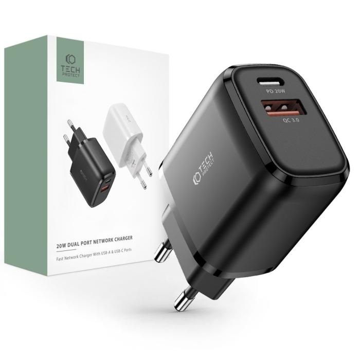 Bild 1, Tech-Protect 20W Väggladdare PD QC USB-C / USB-A Svart