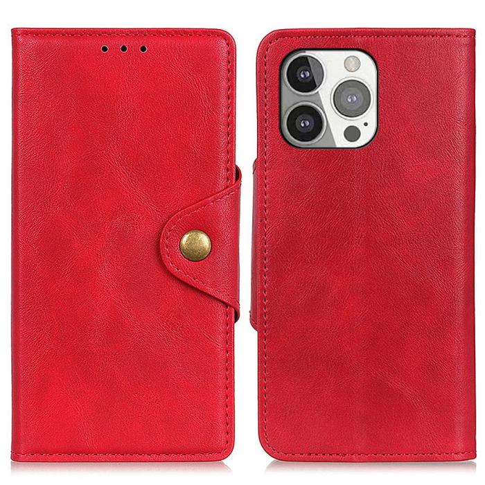 Bild 1, iPhone 13 Pro - Läder Fodral Magnetisk Mässing - Röd