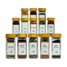 Kryddburkar i glas 12-pack med Bambulock – Svenska etiketter