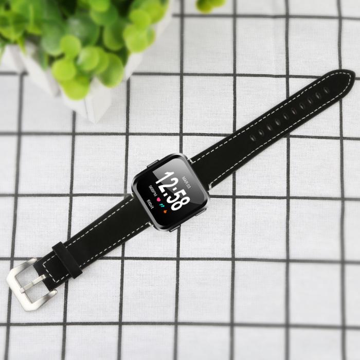 Bild 5, Äkta Läder Armband Fitbit Versa/Versa 2 - Svart