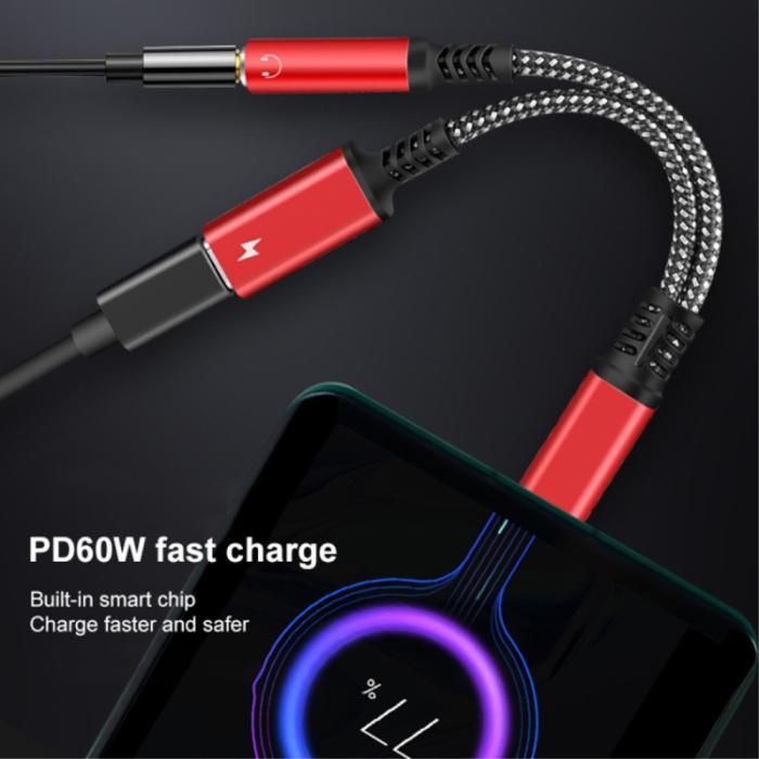 Bild 3, 60W PD 2in1 USB-C Till USB-C/AUX-Hona Adapter Svart