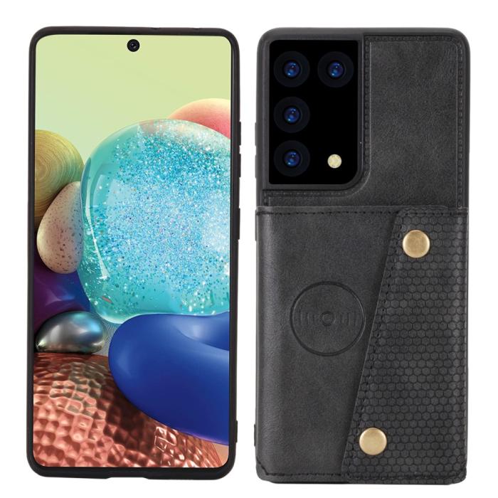 Bild 2, Samsung Galaxy S21 Ultra - Läder Skal Med Kortfack Och Magnet - Svart