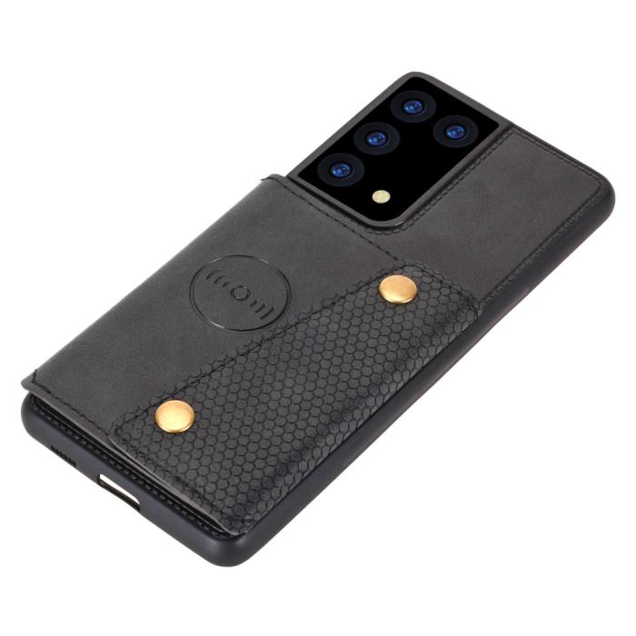 Bild 5, Samsung Galaxy S21 Ultra - Läder Skal Med Kortfack Och Magnet - Svart