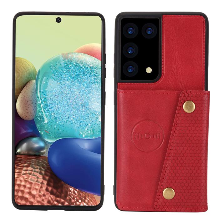 Bild 2, Samsung Galaxy S21 Ultra - Läder Skal Med Kortfack Och Magnet - Röd