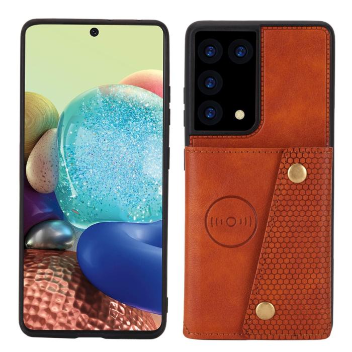 Bild 2, Samsung Galaxy S21 Ultra - Läder Skal Med Kortfack Och Magnet - Brun