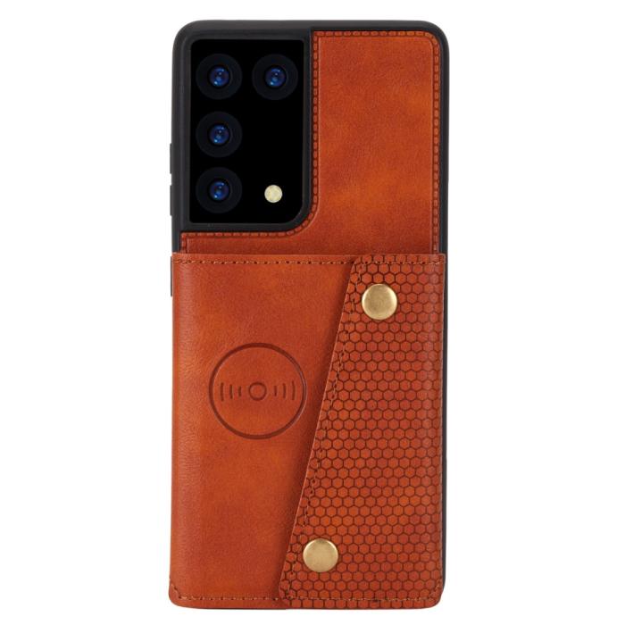 Bild 3, Samsung Galaxy S21 Ultra - Läder Skal Med Kortfack Och Magnet - Brun