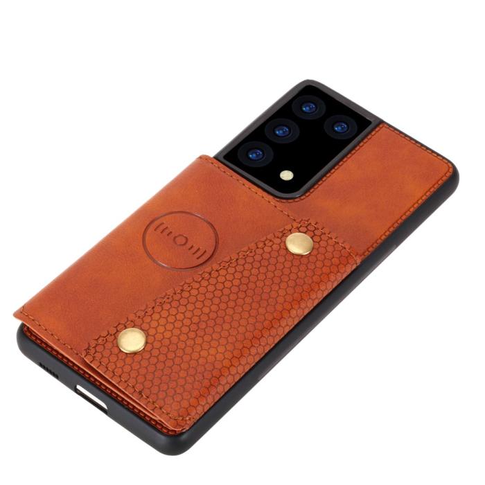 Bild 4, Samsung Galaxy S21 Ultra - Läder Skal Med Kortfack Och Magnet - Brun