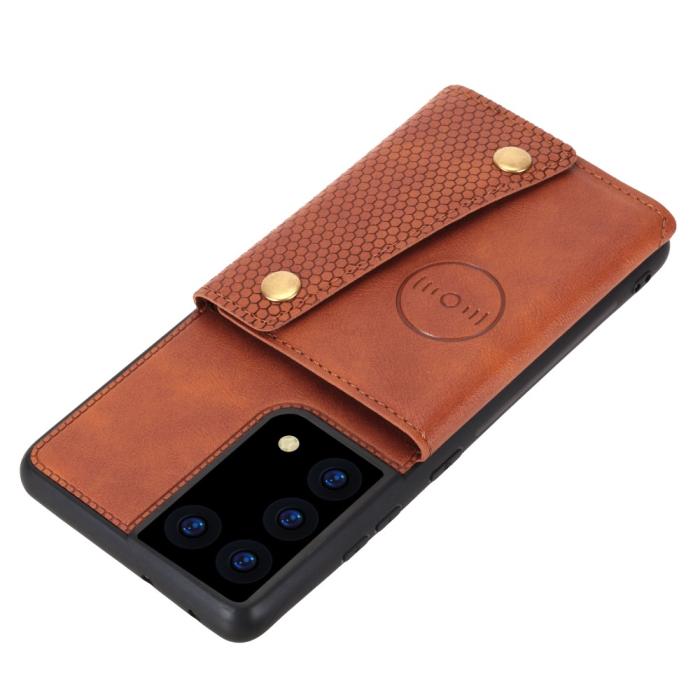 Bild 5, Samsung Galaxy S21 Ultra - Läder Skal Med Kortfack Och Magnet - Brun