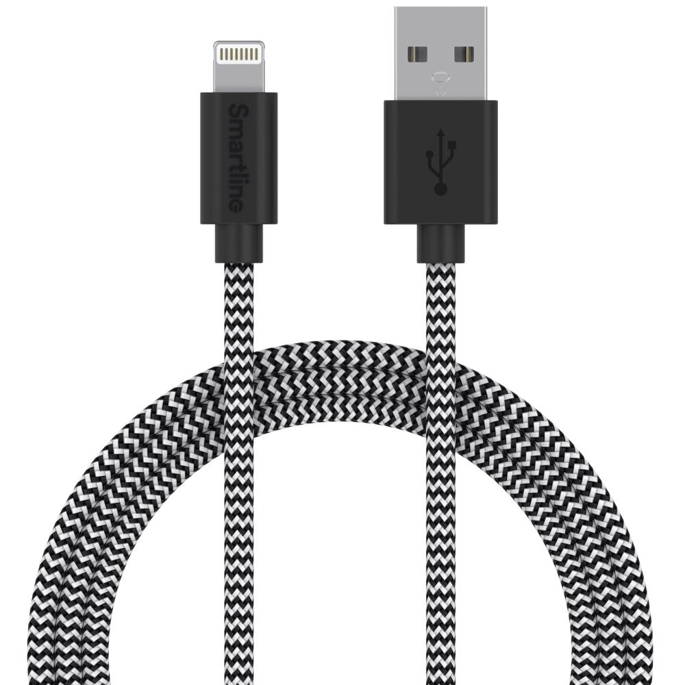 Smartline 2m Lightning MFi Nylon Laddningskabel Svart/Vit