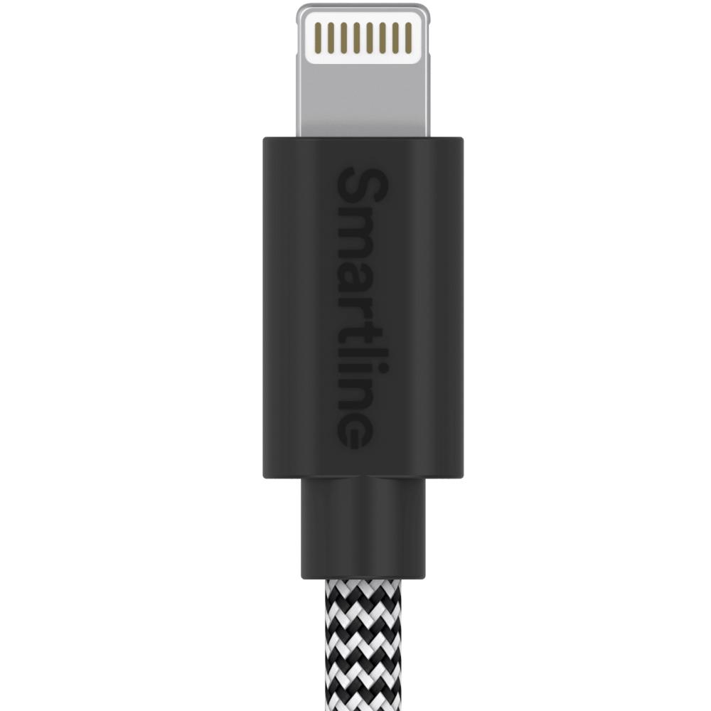 Smartline 2m Lightning MFi Nylon Laddningskabel Svart/Vit