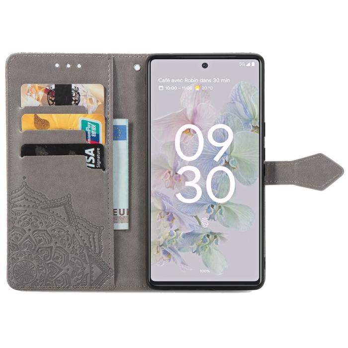 Bild 4, Google Pixel 6A Fodral Mandala Läder Grå