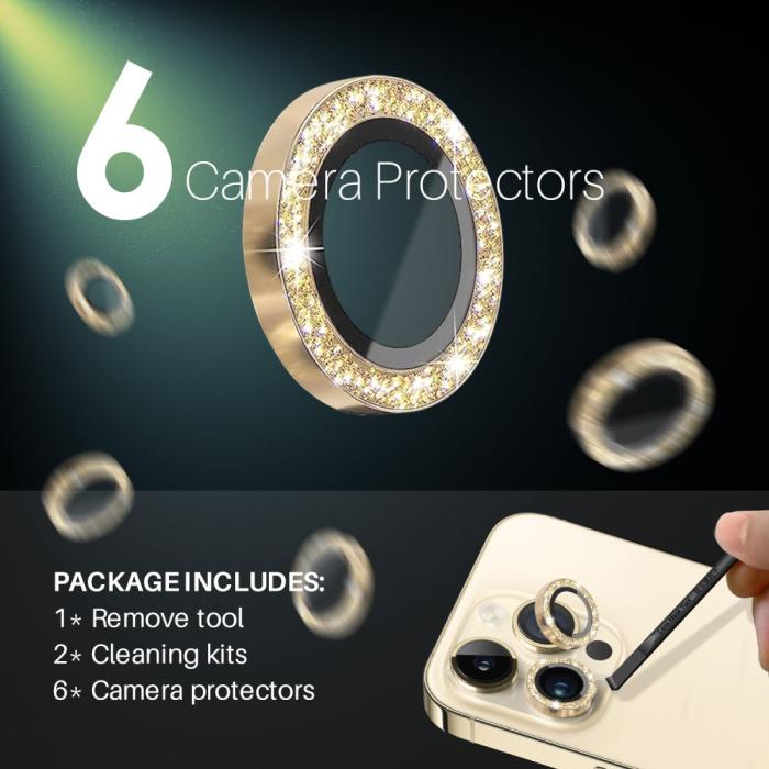 Bild 3, NORTHJO iPhone 15 Pro/Pro Max/14 Pro/Pro Max Linssskydd 2-PACK Glitter Guld