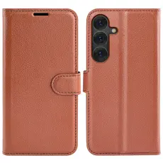 Samsung Galaxy S25 Plus Fodral Litchi L&auml;der Brun