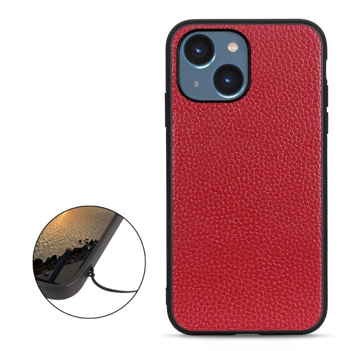 Bild 2, iPhone 15 Skal Äkta Läder Litchi Textur Röd