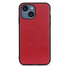 iPhone 15 Skal Äkta Läder Litchi Textur Röd