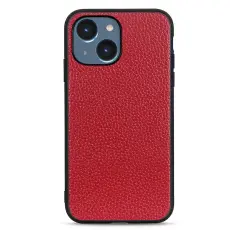 iPhone 15 Skal Äkta Läder Litchi Textur Röd