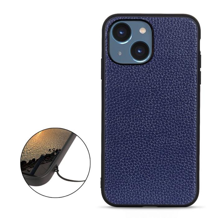 Bild 2, iPhone 15 Skal Äkta Läder Litchi Textur Blå
