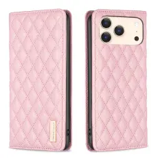 BINFEN iPhone 17 Pro Fodral Flip Diamond L&auml;der Rosa