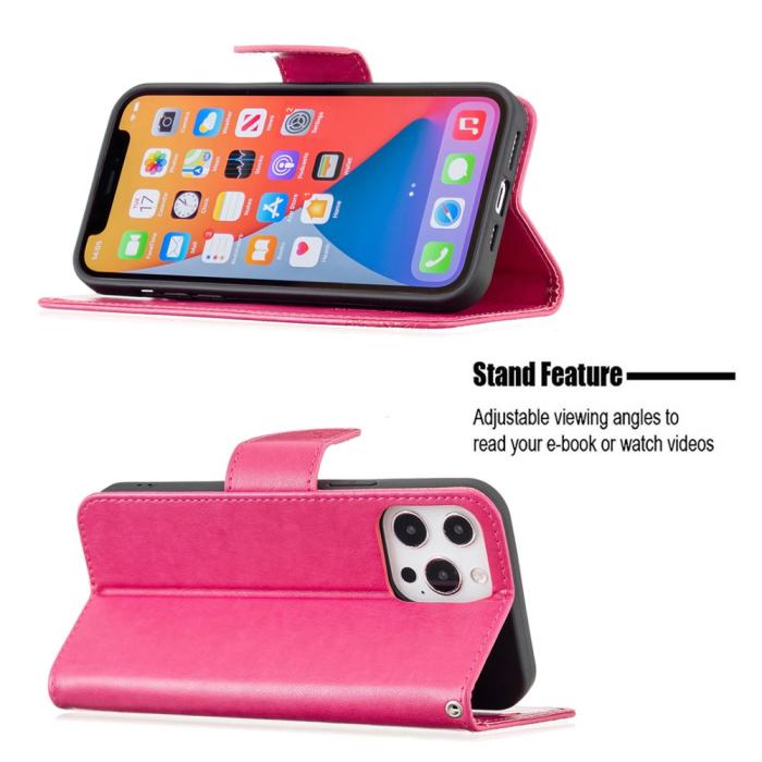 Bild 4, iPhone 13 Pro - Butterfly Läder Fodral - Rosa