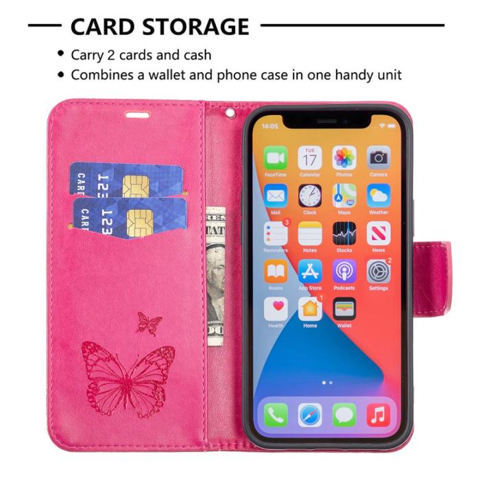 Bild 5, iPhone 13 Pro - Butterfly Läder Fodral - Rosa