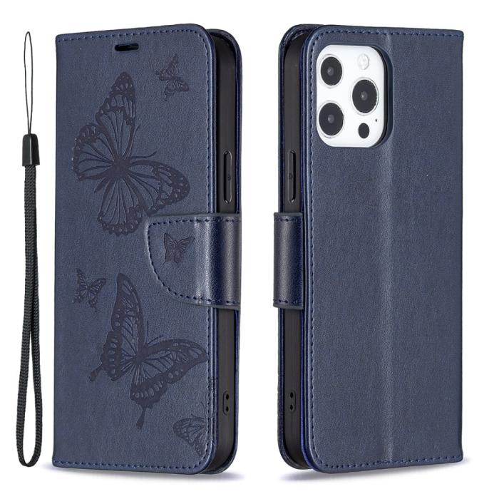 Bild 1, iPhone 13 Pro - Butterfly Läder Fodral - Mörk Blå