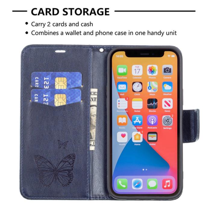 Bild 5, iPhone 13 Pro - Butterfly Läder Fodral - Mörk Blå