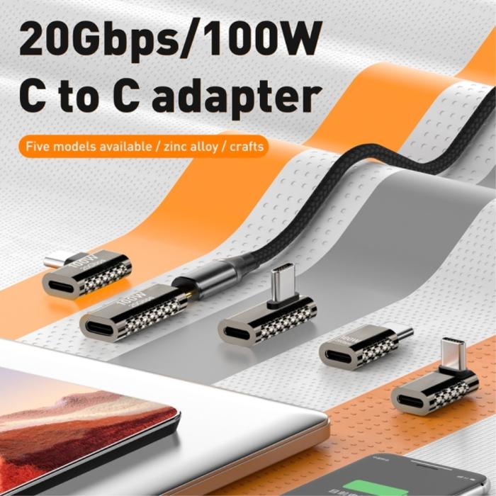 Bild 2, 100W USB-C Hane - USB-C Hona Adapter Elbow USB 4.0 Silver