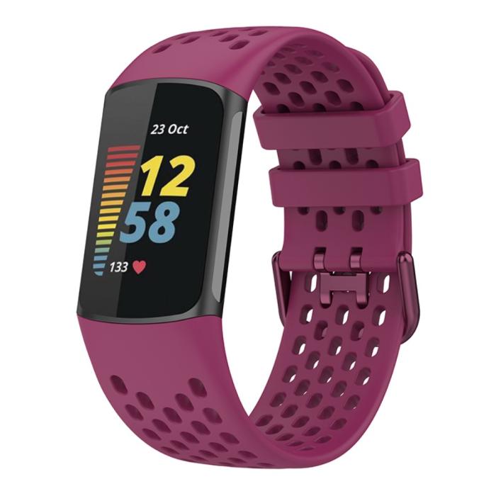 Bild 3, Fitbit Charge 6 / 5 Armband Silikon Ihåligt Vinröd