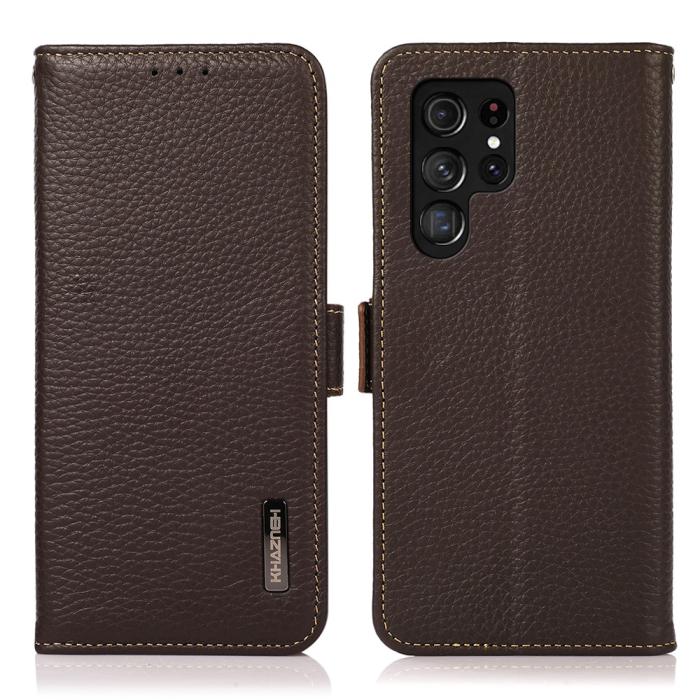 Bild 1, KHAZNEH Galaxy S24 Ultra Fodral RFID Litchi Äkta Läder Brun