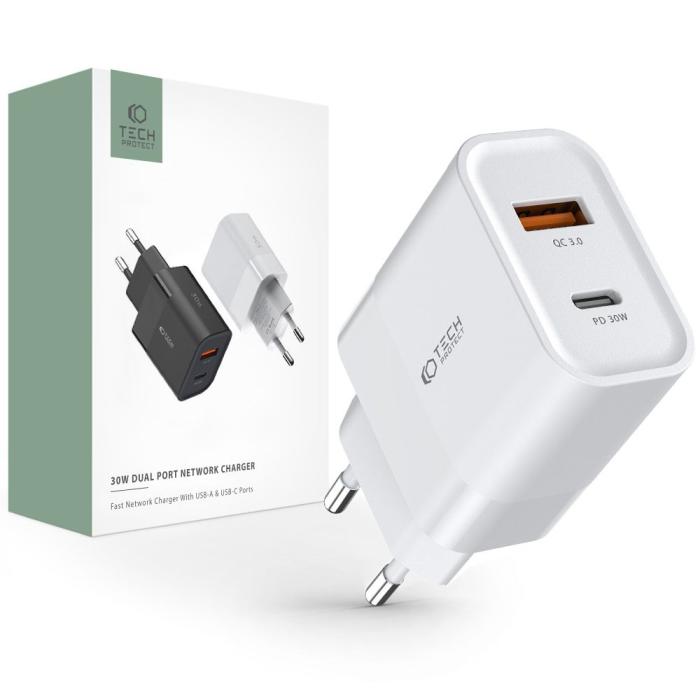 Bild 1, Tech-Protect 30W PD QC USB-C / USB-A Väggladdare Vit