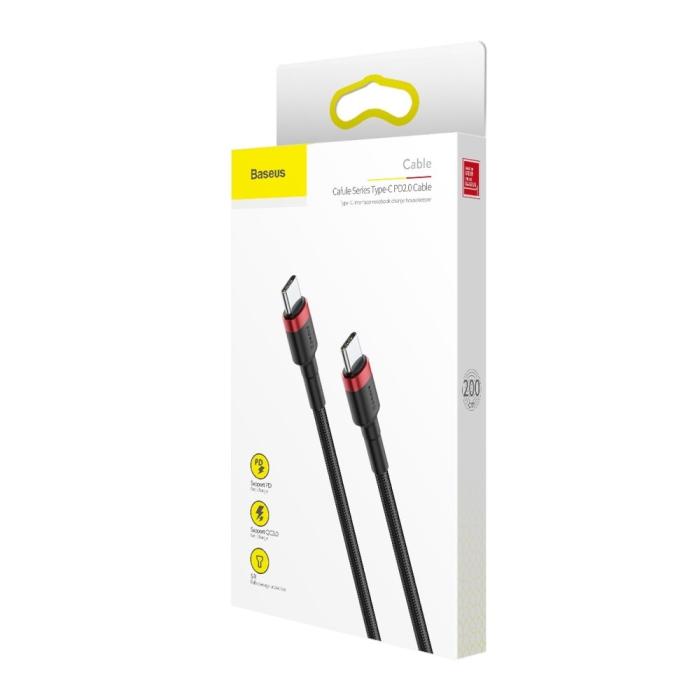 Bild 5, Baseus Cafule 2m 60W PD QC USB-C - USB-C Nylon Kabel - Svart/Röd
