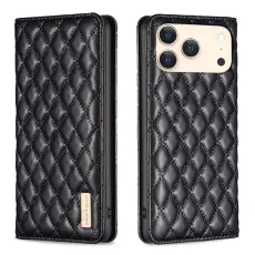 BINFEN iPhone 17 Pro Fodral Flip Diamond L&auml;der Svart