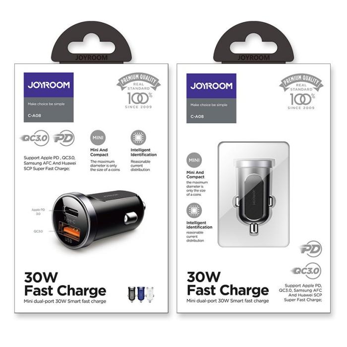Bild 5, Joyroom Mini 30W 5A PD QC USB-C / USB Billaddare - Mörk Blå