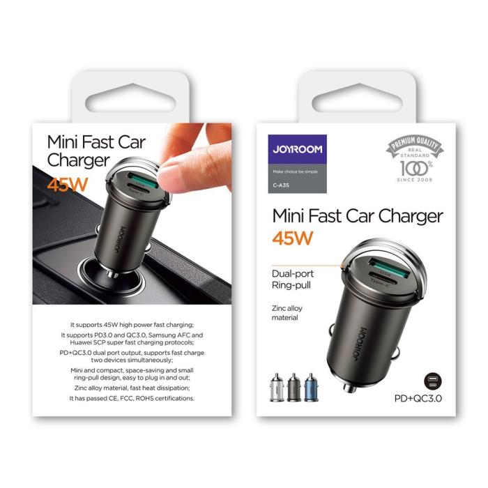 Bild 5, Joyroom Mini 45W 5A PD QC USB-C / USB Billaddare - Grå